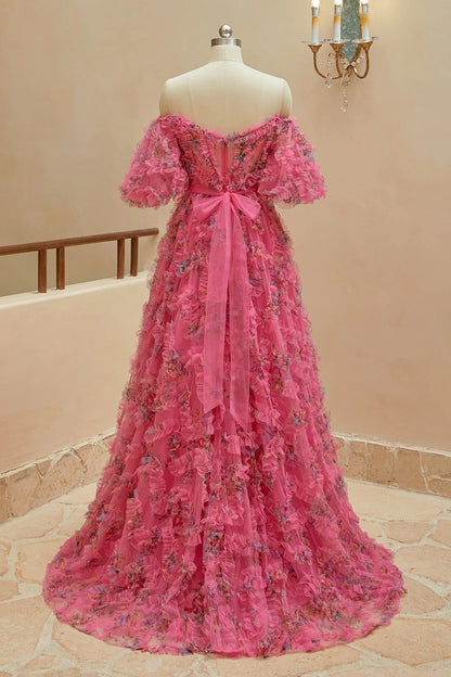 A Line Sweetheart Ruffles Sweep Train Floral Printed Chiffon Prom Dresses