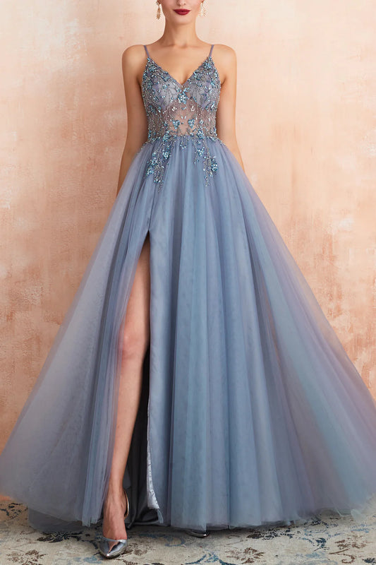Spaghetti Straps Slit Tulle Prom Dress