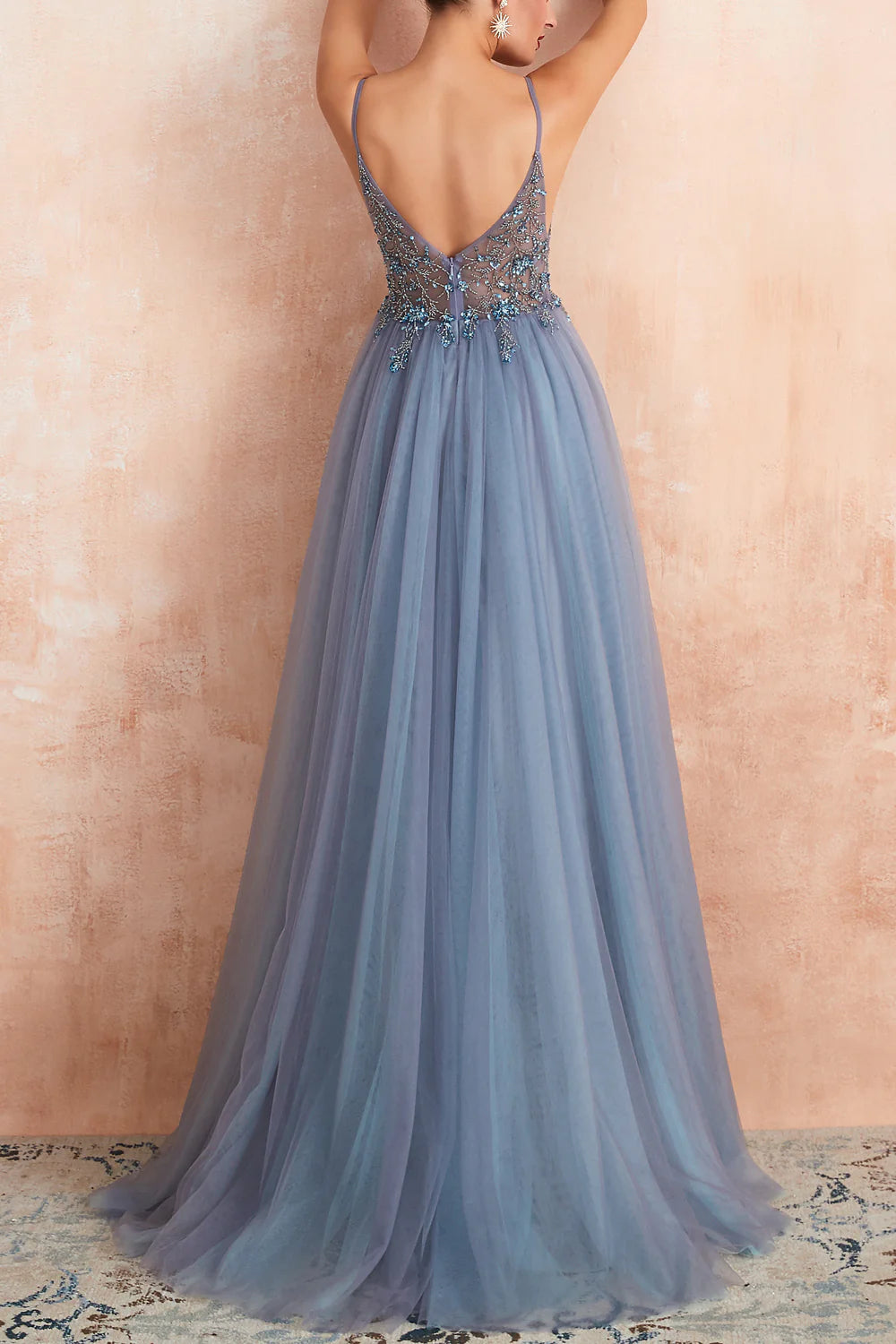 Spaghetti Straps Slit Tulle Prom Dress