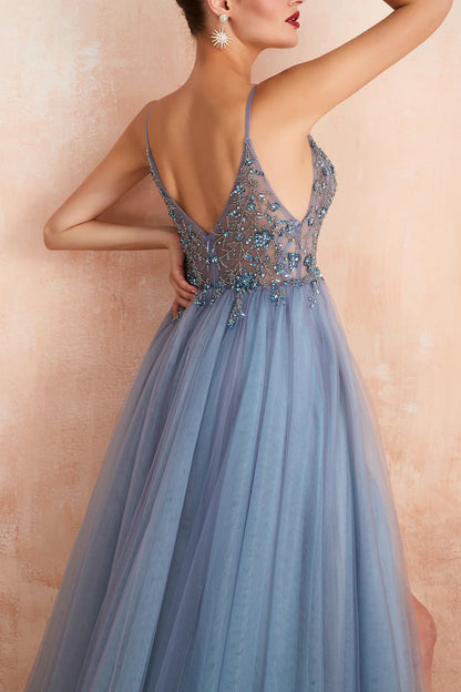 Spaghetti Straps Slit Tulle Prom Dress