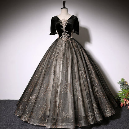 Beaira Beautiful Black Tulle Short Sleeves Long Party Dress Black Short Sleeves Prom Dress prom dresses shops