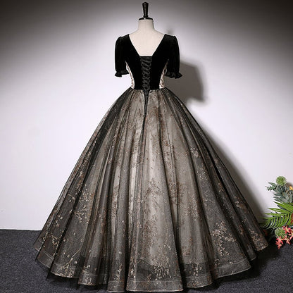 Beaira Beautiful Black Tulle Short Sleeves Long Party Dress Black Short Sleeves Prom Dress prom dresses shops