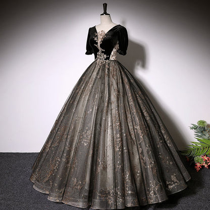 Beaira Beautiful Black Tulle Short Sleeves Long Party Dress Black Short Sleeves Prom Dress prom dresses shops