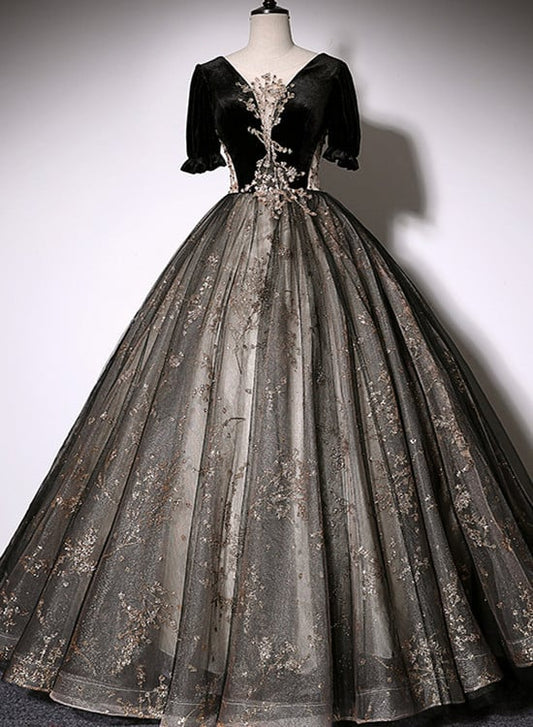 Beaira Beautiful Black Tulle Short Sleeves Long Party Dress Black Short Sleeves Prom Dress prom dresses shops