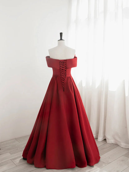 Beaira Red Satin One Shoulder Long Party Dress with Bow Red Off Shoulder Prom Dress prom dresses shops