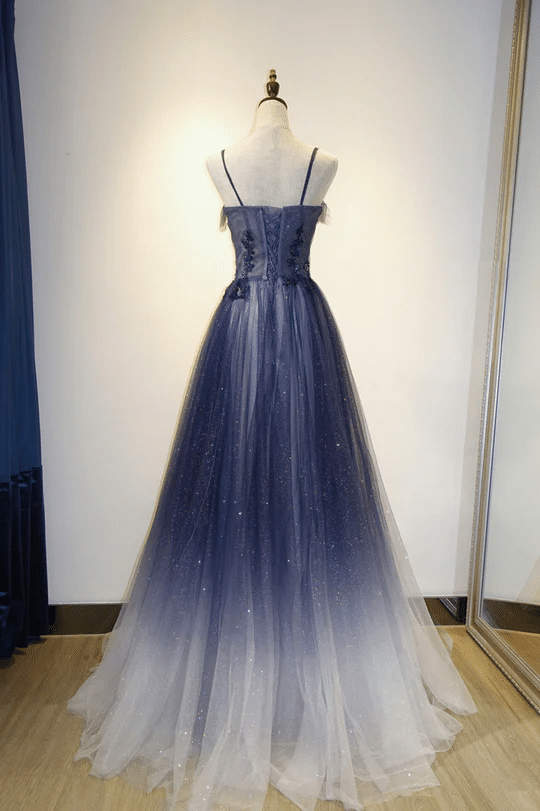 Beaira Blue Gradient Straps Tulle Long Party Dress with Lace Blue Junior Prom Dress prom dresses shops