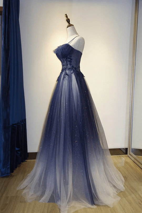 Beaira Blue Gradient Straps Tulle Long Party Dress with Lace Blue Junior Prom Dress prom dresses shops