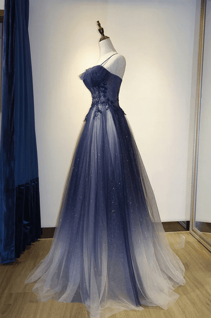 Beaira Blue Gradient Straps Tulle Long Party Dress with Lace Blue Junior Prom Dress prom dresses shops