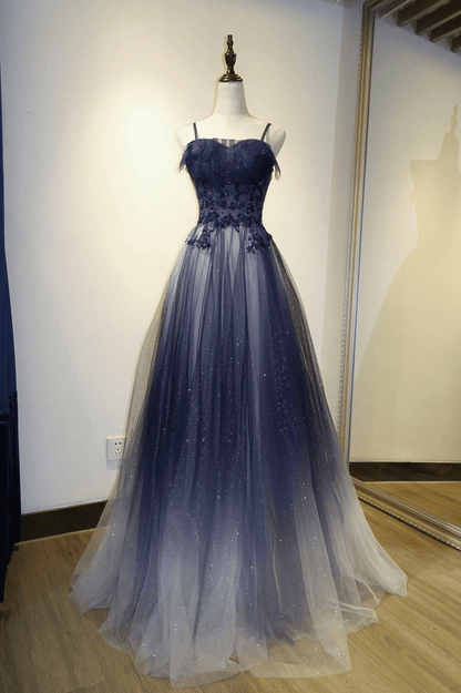 Beaira Blue Gradient Straps Tulle Long Party Dress with Lace Blue Junior Prom Dress prom dresses shops