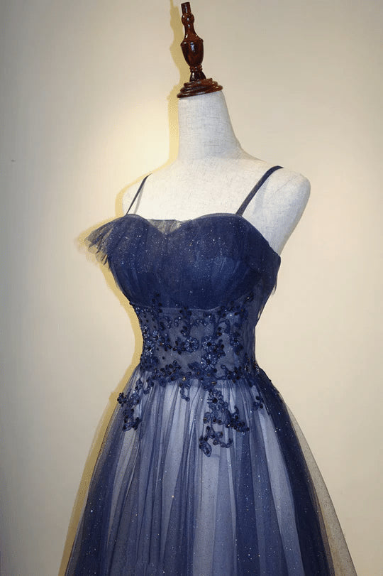 Beaira Blue Gradient Straps Tulle Long Party Dress with Lace Blue Junior Prom Dress prom dresses shops