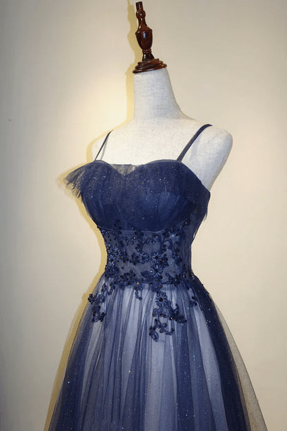 Beaira Blue Gradient Straps Tulle Long Party Dress with Lace Blue Junior Prom Dress prom dresses shops