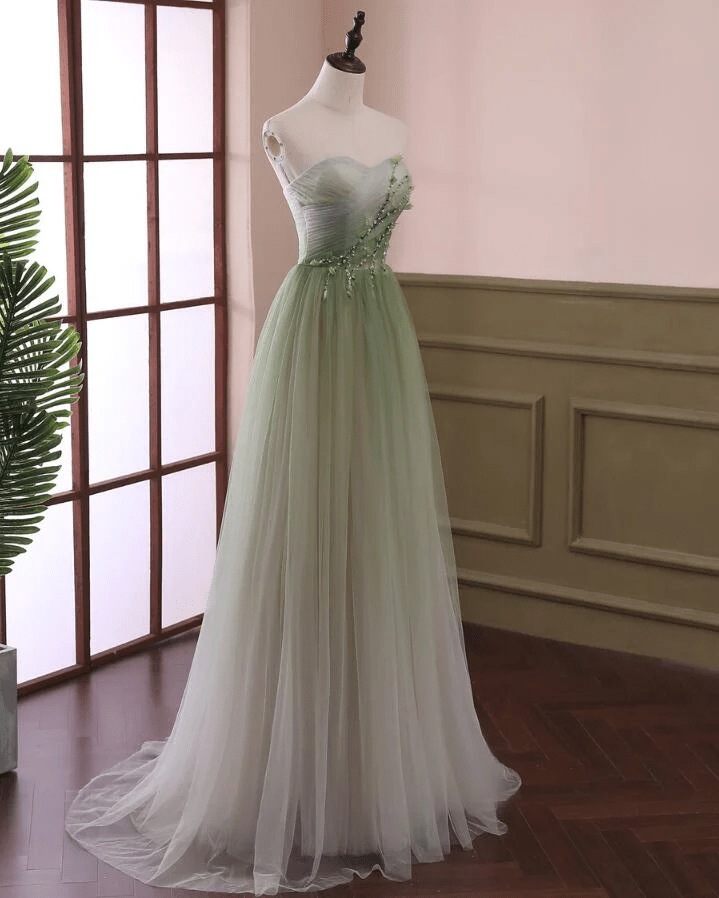 Beaira Gradient Light Green Beaded Tulle A-line Party Dress Long Junior Prom Dress prom dresses shops