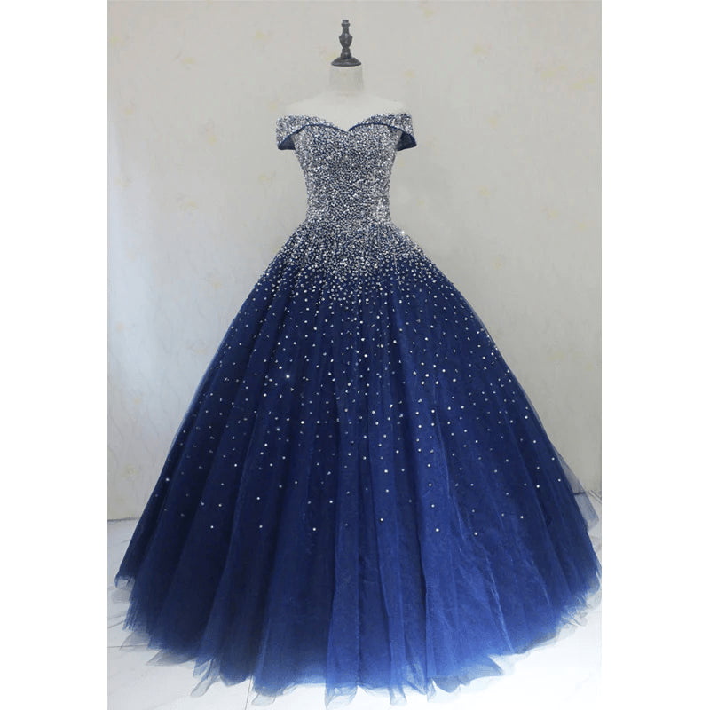 Beaira Blue Sequins Ball Gown Off Shoulder Party Dress Blue Sweet 16 Gown prom dresses shops