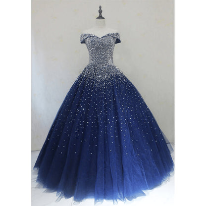 Beaira Blue Sequins Ball Gown Off Shoulder Party Dress Blue Sweet 16 Gown prom dresses shops