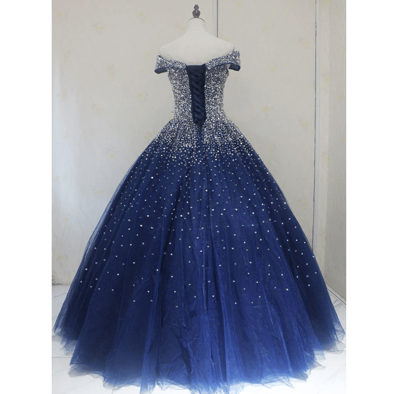 Beaira Blue Sequins Ball Gown Off Shoulder Party Dress Blue Sweet 16 Gown prom dresses shops