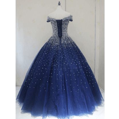 Beaira Blue Sequins Ball Gown Off Shoulder Party Dress Blue Sweet 16 Gown prom dresses shops