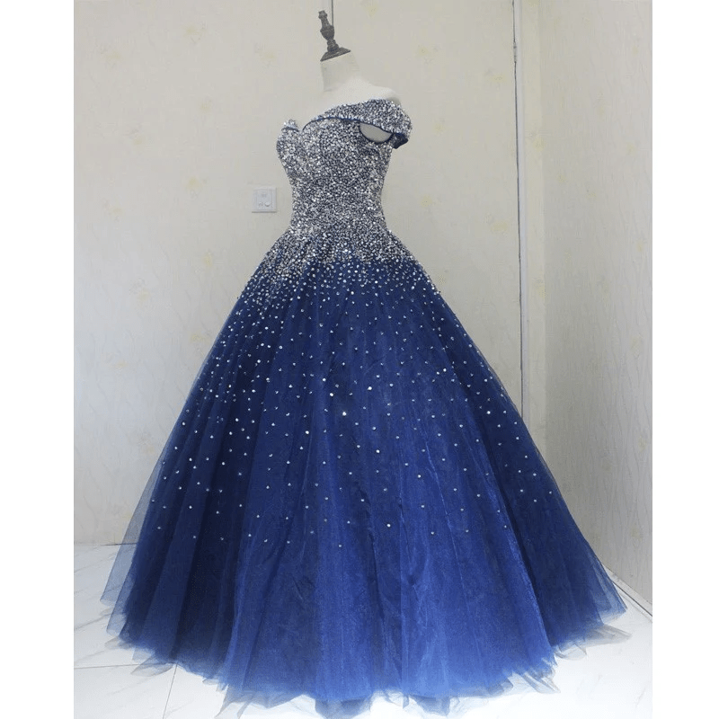 Beaira Blue Sequins Ball Gown Off Shoulder Party Dress Blue Sweet 16 Gown prom dresses shops