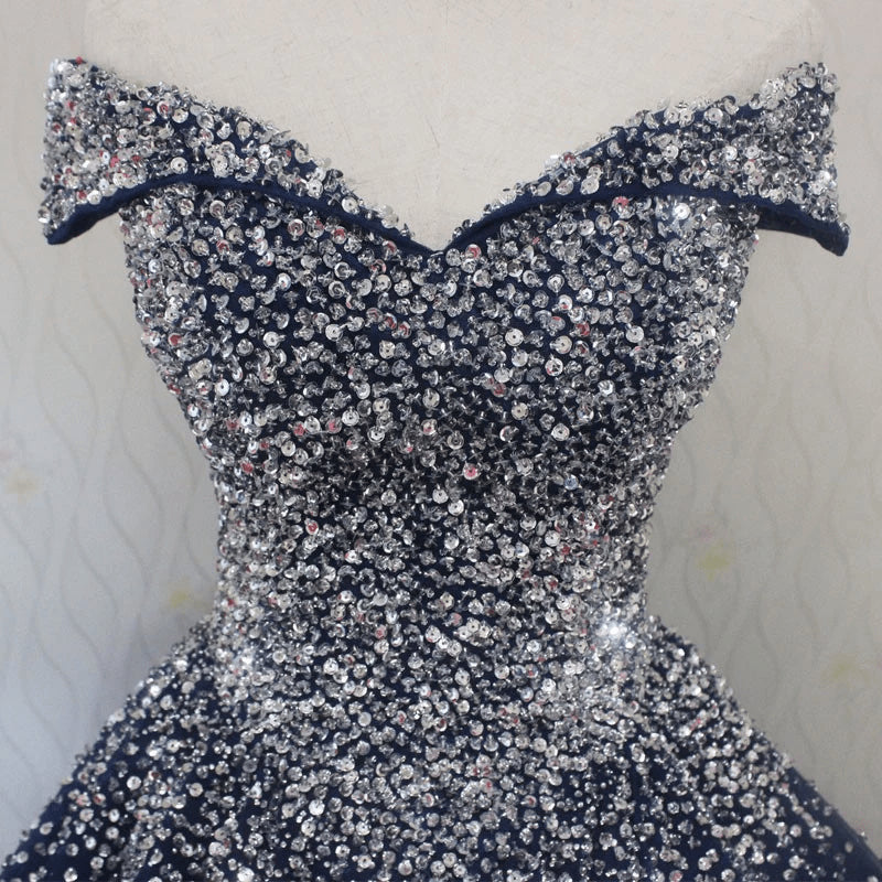 Beaira Blue Sequins Ball Gown Off Shoulder Party Dress Blue Sweet 16 Gown prom dresses shops