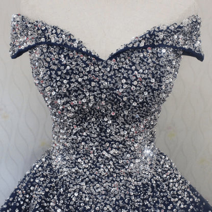 Beaira Blue Sequins Ball Gown Off Shoulder Party Dress Blue Sweet 16 Gown prom dresses shops
