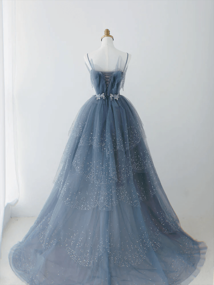 Beaira Blue Tulle Beaded Unique Long Party Dress Blue Shiny Long Straps Formal Dress prom dresses shops