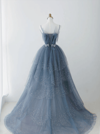 Beaira Blue Tulle Beaded Unique Long Party Dress Blue Shiny Long Straps Formal Dress prom dresses shops