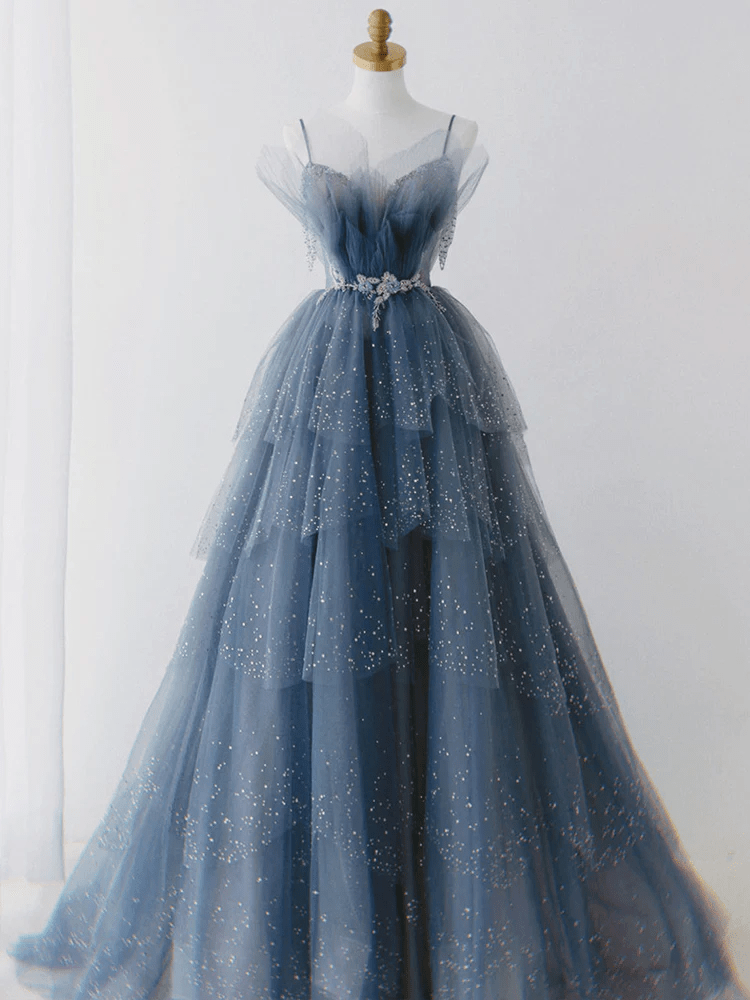 Beaira Blue Tulle Beaded Unique Long Party Dress Blue Shiny Long Straps Formal Dress prom dresses shops