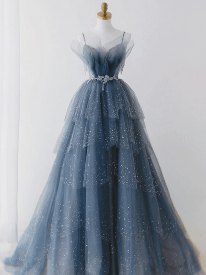 Beaira Blue Tulle Beaded Unique Long Party Dress Blue Shiny Long Straps Formal Dress prom dresses shops