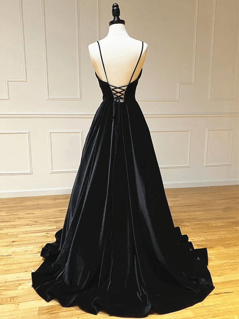 Beaira Black Velvet Long A-line Low Back Prom Dress Black V Neck Wedding Party Dress prom dresses shops