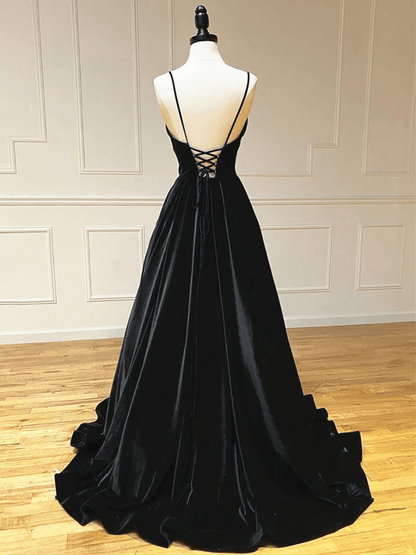 Beaira Black Velvet Long A-line Low Back Prom Dress Black V Neck Wedding Party Dress prom dresses shops