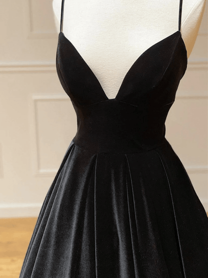 Beaira Black Velvet Long A-line Low Back Prom Dress Black V Neck Wedding Party Dress prom dresses shops