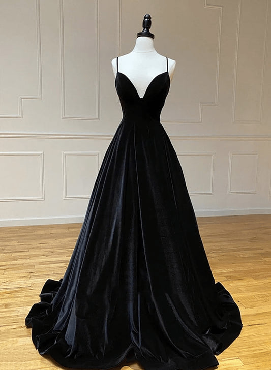 Beaira Black Velvet Long A-line Low Back Prom Dress Black V Neck Wedding Party Dress prom dresses shops