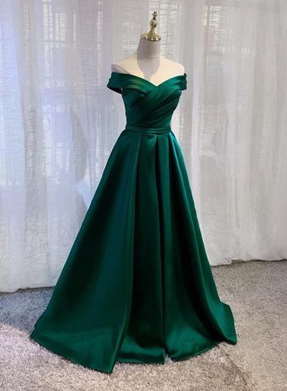 Beaira Green Satin A-line Off Shoulder Floor Length Party Dress Green Prom Dress prom dresses shops