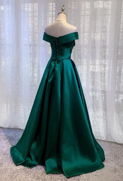 Beaira Green Satin A-line Off Shoulder Floor Length Party Dress Green Prom Dress prom dresses shops