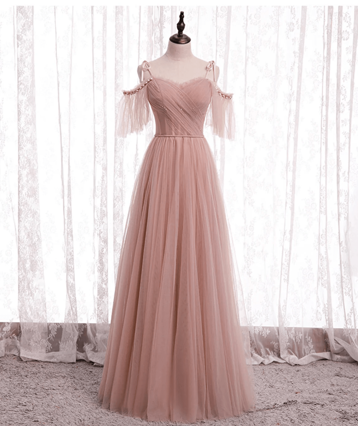 Beaira Pink Tulle Simple A-line Long Wedding Party Dresses Pink Formal Dresses prom dresses shops