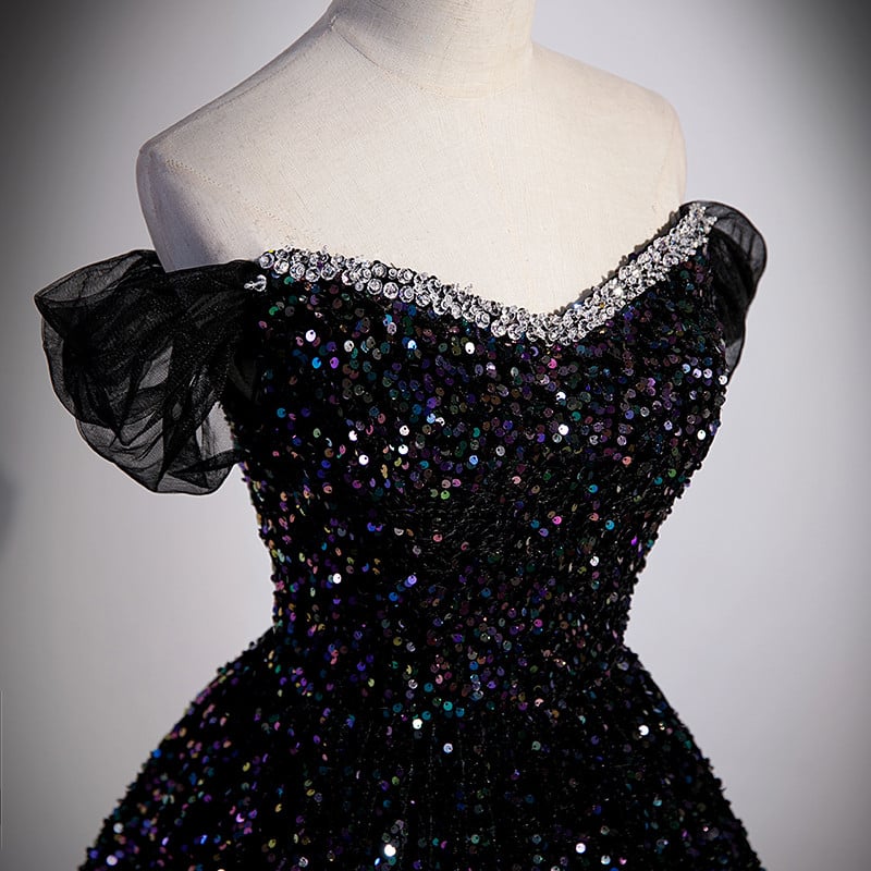 Beaira Black Off Shoulder Shiny Beaded Long Prom Dress A-line Black Evening Dress prom dresses shops