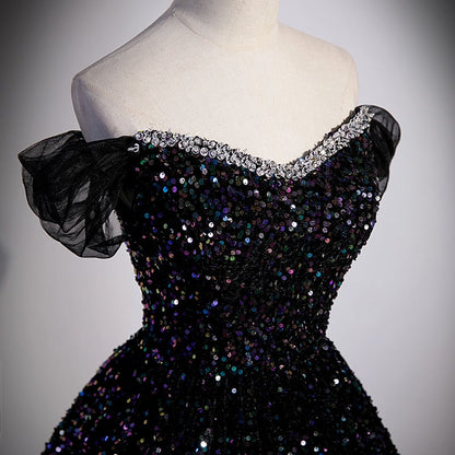 Beaira Black Off Shoulder Shiny Beaded Long Prom Dress A-line Black Evening Dress prom dresses shops