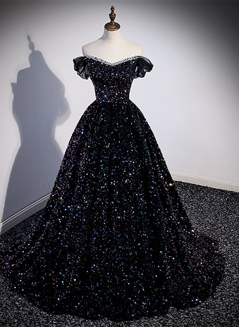 Beaira Black Off Shoulder Shiny Beaded Long Prom Dress A-line Black Evening Dress prom dresses shops