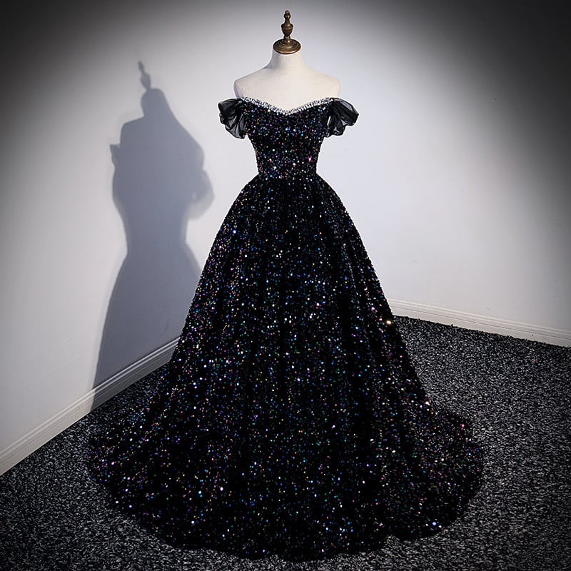 Beaira Black Off Shoulder Shiny Beaded Long Prom Dress A-line Black Evening Dress prom dresses shops