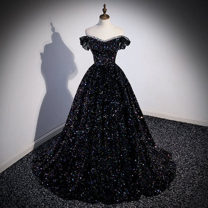 Beaira Black Off Shoulder Shiny Beaded Long Prom Dress A-line Black Evening Dress prom dresses shops