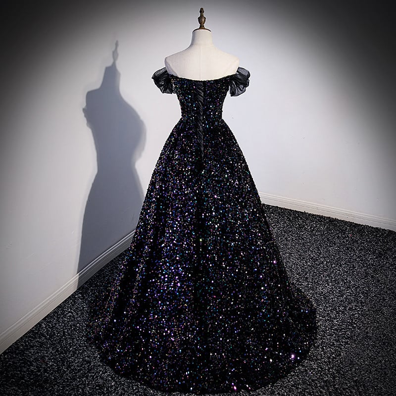 Beaira Black Off Shoulder Shiny Beaded Long Prom Dress A-line Black Evening Dress prom dresses shops