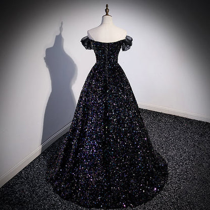 Beaira Black Off Shoulder Shiny Beaded Long Prom Dress A-line Black Evening Dress prom dresses shops