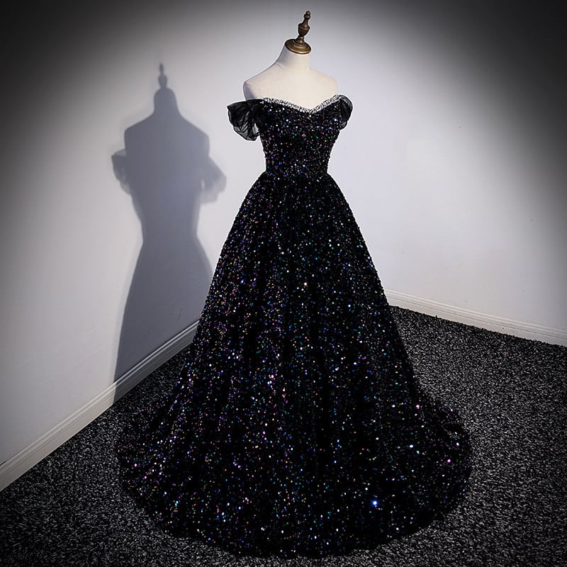 Beaira Black Off Shoulder Shiny Beaded Long Prom Dress A-line Black Evening Dress prom dresses shops