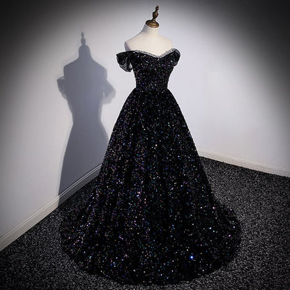 Beaira Black Off Shoulder Shiny Beaded Long Prom Dress A-line Black Evening Dress prom dresses shops