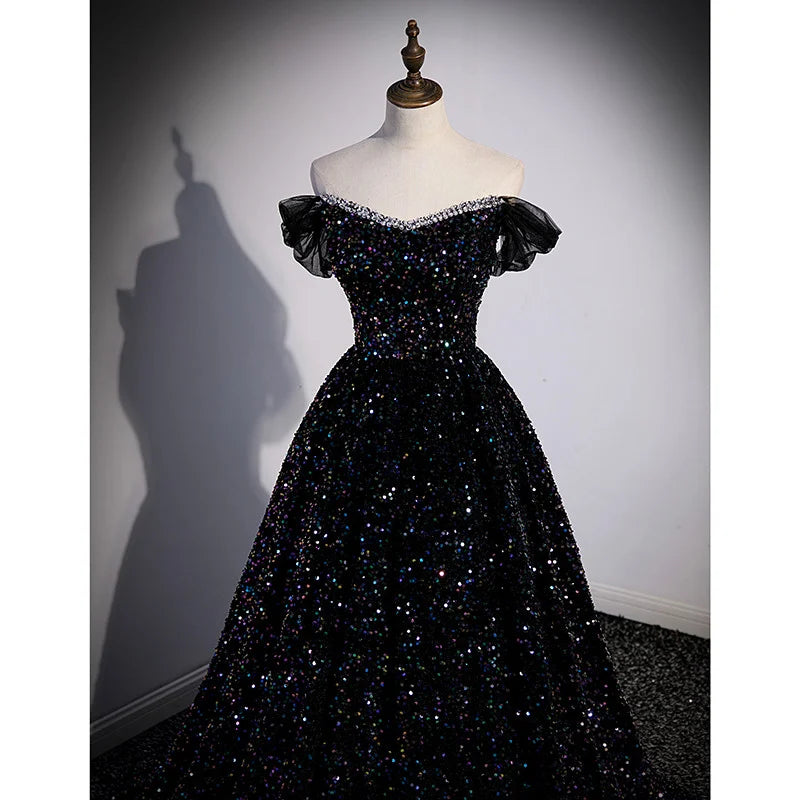 Beaira Black Off Shoulder Shiny Beaded Long Prom Dress A-line Black Evening Dress prom dresses shops
