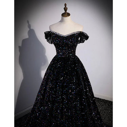 Beaira Black Off Shoulder Shiny Beaded Long Prom Dress A-line Black Evening Dress prom dresses shops
