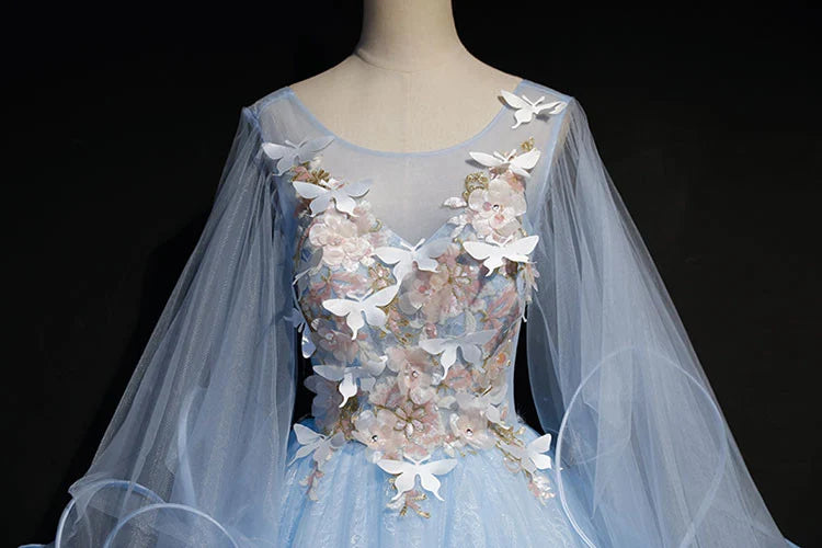 Beaira Light Blue Tulle A-line Party Dress Blue Sweet 16 Gown with Flowers prom dresses shops