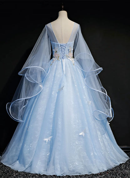 Beaira Light Blue Tulle A-line Party Dress Blue Sweet 16 Gown with Flowers prom dresses shops