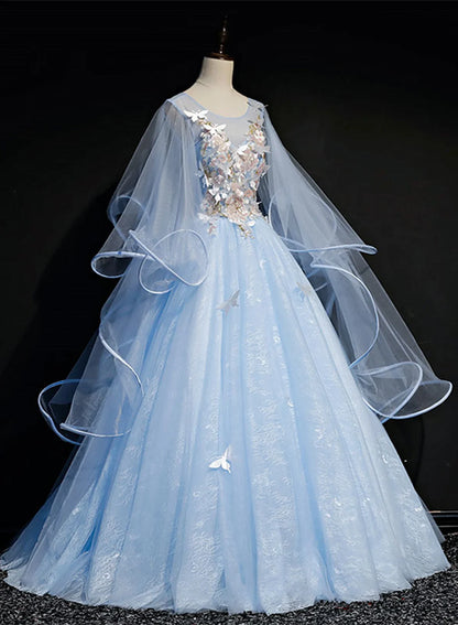 Beaira Light Blue Tulle A-line Party Dress Blue Sweet 16 Gown with Flowers prom dresses shops