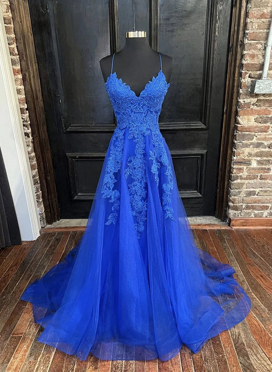 Beaira Blue Tulle with Lace A-line Floor Length Party Dress Blue Junior Prom Dress prom dresses shops