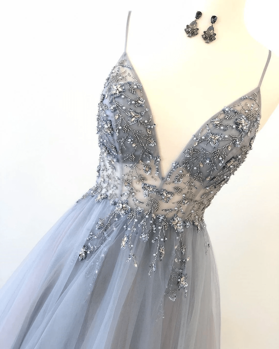 Beaira Tulle V-neckline Straps Beaded Low Back Long Formal Dress Tulle Prom Dress prom dresses shops